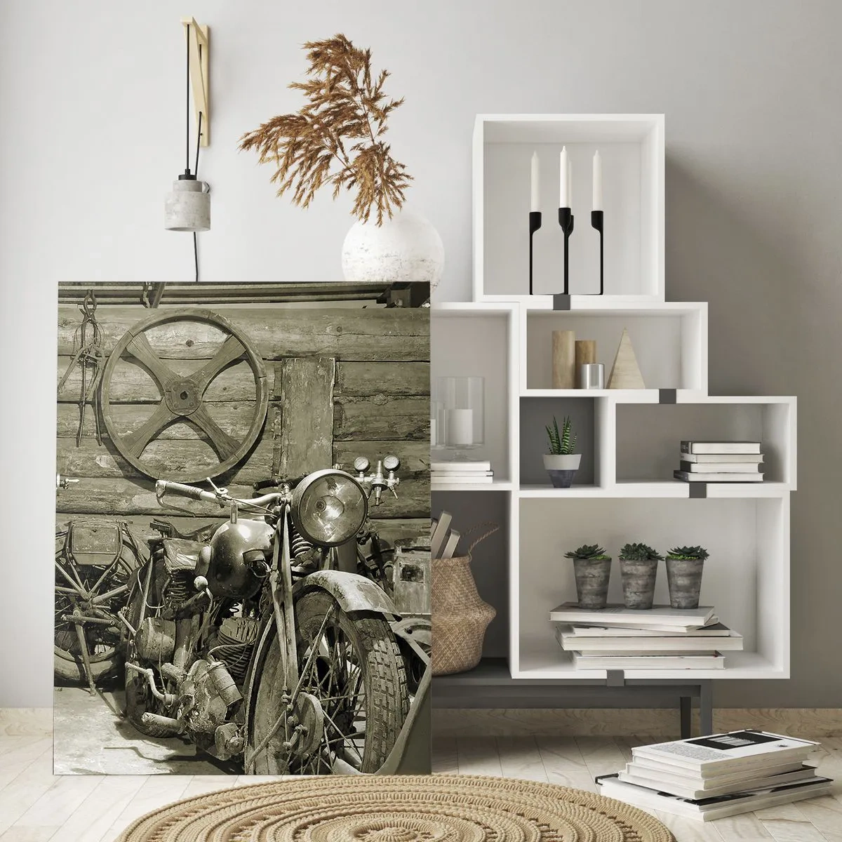 Impression sur verre - Image sur verre - Un atelier avec des outils anciens et une vieille moto - 50x70cm - Dans le hangar de l'oncle Władek - Décoration murale moderne pour le salon et la chambre ARTTOR