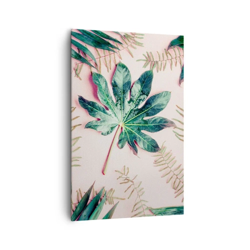 Impression sur toile - Image sur toile - Feuilles tropicales sur fond pastel clair - 80x120cm - Étude de verdure sur fond rose - Décoration murale moderne pour le salon et la chambre ARTTOR