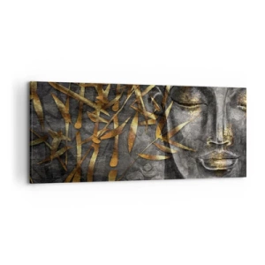 Impression sur toile - Image sur toile - Image de Bouddha zen avec des bambous dorés - 120x50cm - Ressentir le calme - Décoration murale moderne pour le salon et la chambre ARTTOR