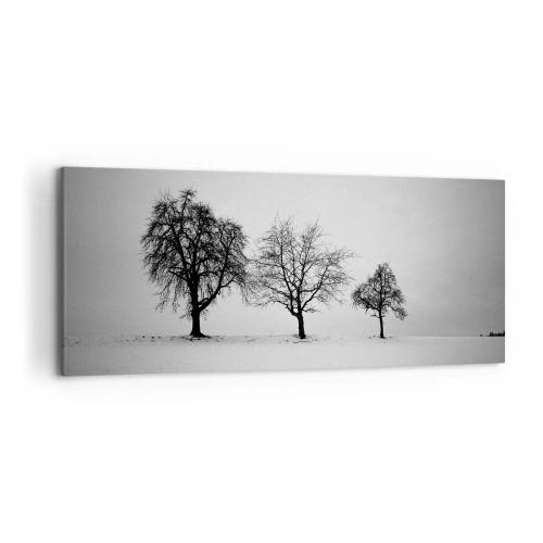 Impression sur toile - Image sur toile - Trois arbres dans un champ enneigé dans un style monochrome - 120x50cm - A quoi rêvent-ils? - Décoration murale moderne pour le salon et la chambre ARTTOR