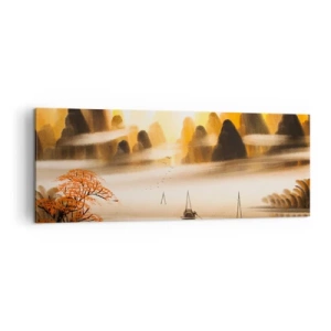 Impression sur toile - Image sur toile - Un paysage oriental avec une rivière, des montagnes et un doux brouillard. - 140x50cm - Plus loin que l'Extrême-Orient - Décoration murale moderne pour le salon et la chambre ARTTOR