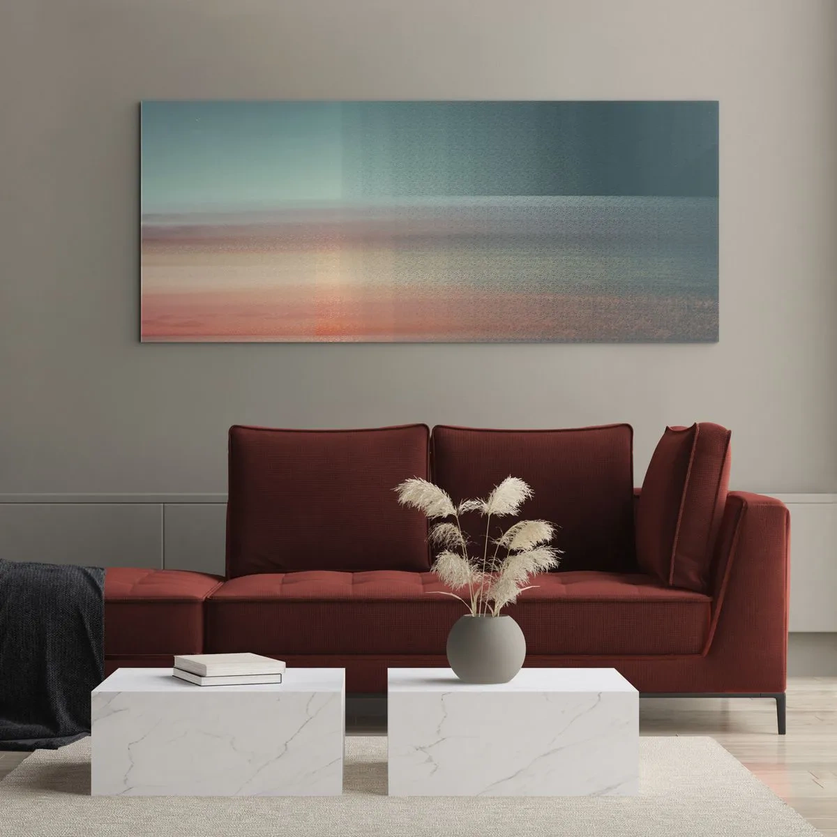 Impression sur verre - Image sur verre - Un coucher de soleil aux tons pastel sur un horizon calme - 140x50cm - Résumé : vagues de lumière - Décoration murale moderne pour le salon et la chambre ARTTOR