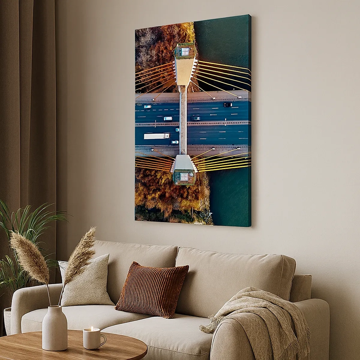 Impression sur toile - Image sur toile - Vue aérienne du pont sur la rivière et du paysage d'automne - 50x70cm - Au dessus de l'eau et de la forêt - Décoration murale moderne pour le salon et la chambre ARTTOR