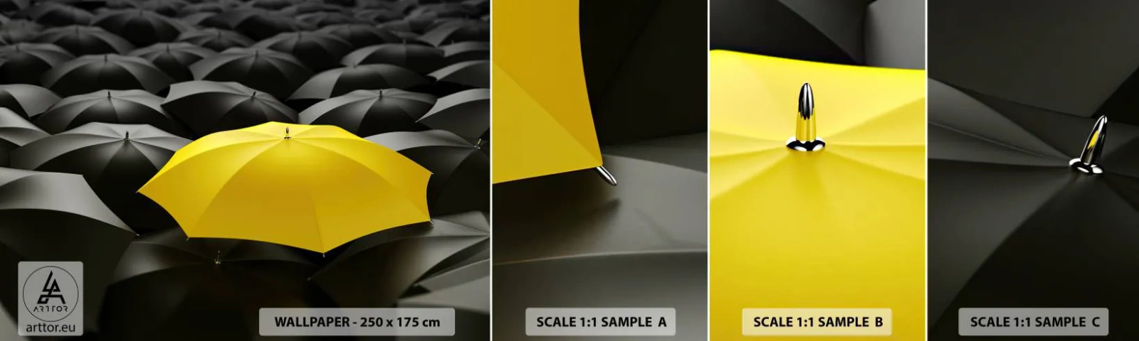Échantillon De Papier Peint Standard Eco - Adieu chagrin - Parapluies jaunes, Graphique, Concept - 100x30 cm