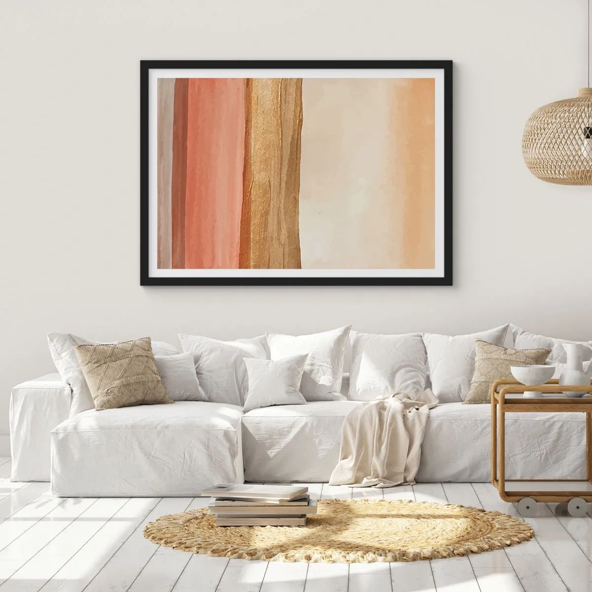Affiche dans un cadre noir - Poster - Rayures abstraites dans les tons beige, or et rose sur toile - 70x50cm - Composition verticale - Décoration murale moderne pour le salon et la chambre ARTTOR