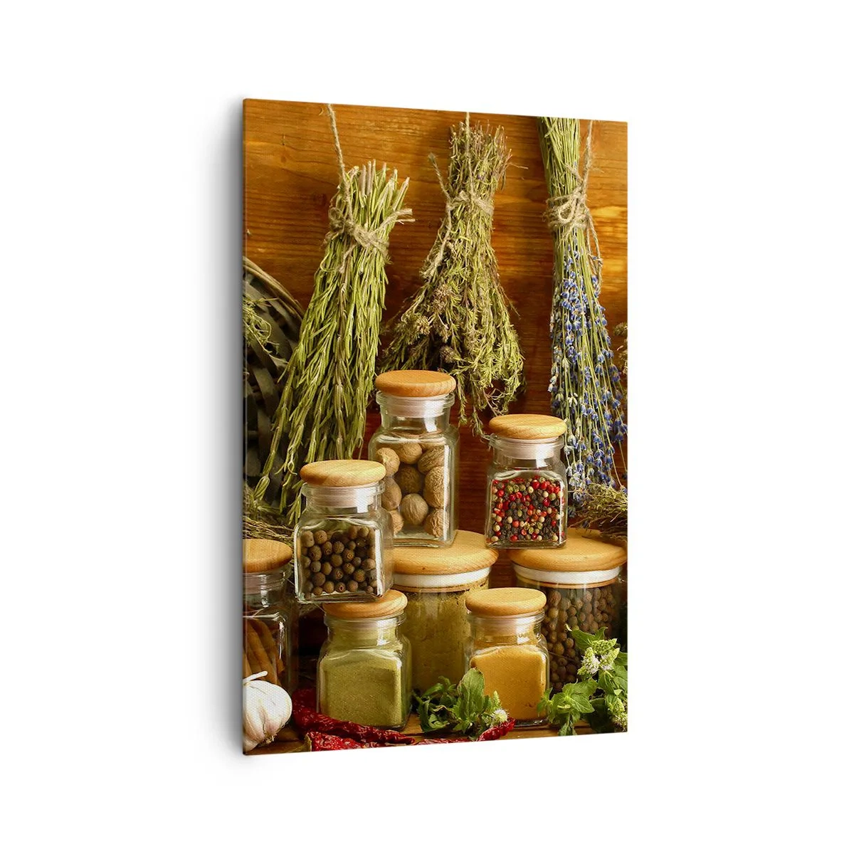 Impression sur toile - Image sur toile - Herbes et épices en pots sur fond rustique - 80x120cm - Sortilèges de cuisine - Décoration murale moderne pour le salon et la chambre ARTTOR