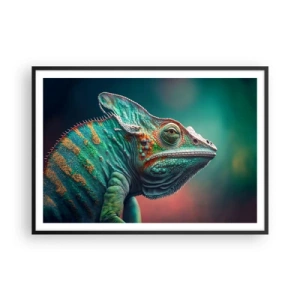 Affiche dans un cadre noir - Poster - Gros plan d'un caméléon aux couleurs intenses - 100x70cm - Vous me voyez? Pas bien… - Décoration murale moderne pour le salon et la chambre ARTTOR
