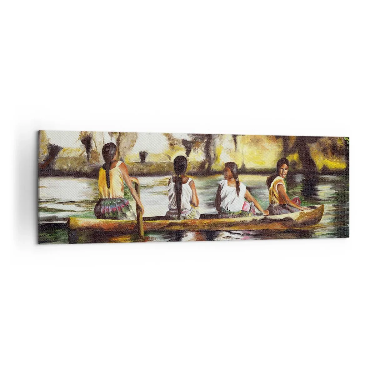 Impression sur toile - Image sur toile - Femmes dans un bateau sur une rivière calme avec un arrière-plan pittoresque - 160x50cm - Dans un paradis polynésien - Décoration murale moderne pour le salon et la chambre ARTTOR