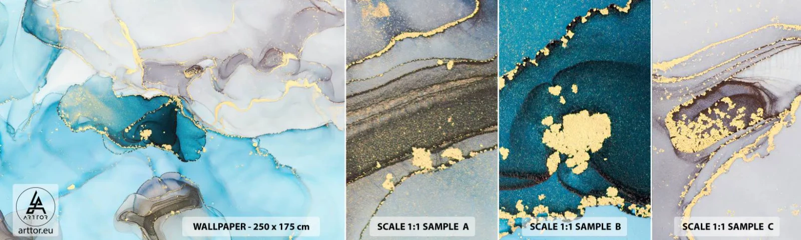 Échantillon de Papier Peint Autocollant Deluxe Sticker - Etude de la rencontre gris et turquoise - Abstraction, Morceau, Modèle moderne - 100x30 cm