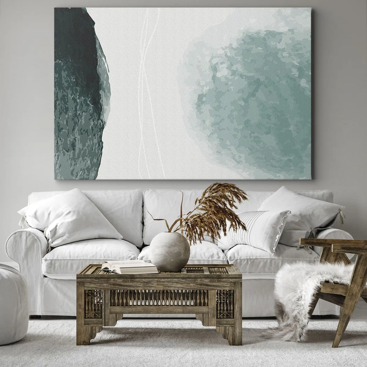 Impression sur toile - Image sur toile - Une délicate composition abstraite dans des tons de vert avec des formes subtiles sur un fond clair. - 120x80cm - Rencontre avec le brouillard - Décoration murale moderne pour le salon et la chambre ARTTOR