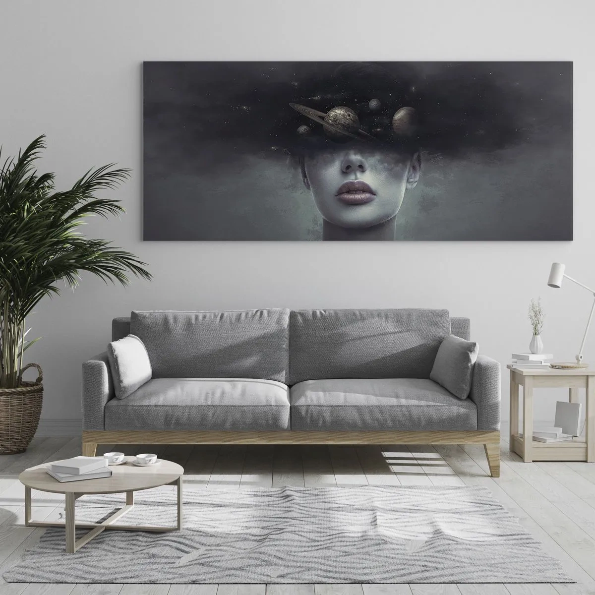 Impression sur verre - Image sur verre - Un visage de femme avec un motif de planète et d'espace en arrière-plan - 120x50cm - Et les planètes deviennent folles... - Décoration murale moderne pour le salon et la chambre ARTTOR