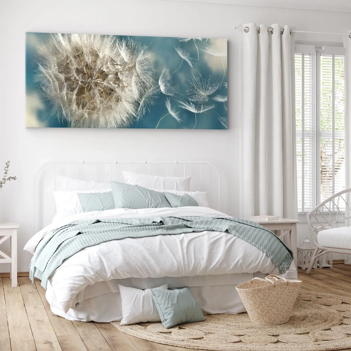 Impression sur toile - Image sur toile - Un pissenlit soufflé contre un ciel bleu - 120x50cm - souffle d'ange - Décoration murale moderne pour le salon et la chambre ARTTOR