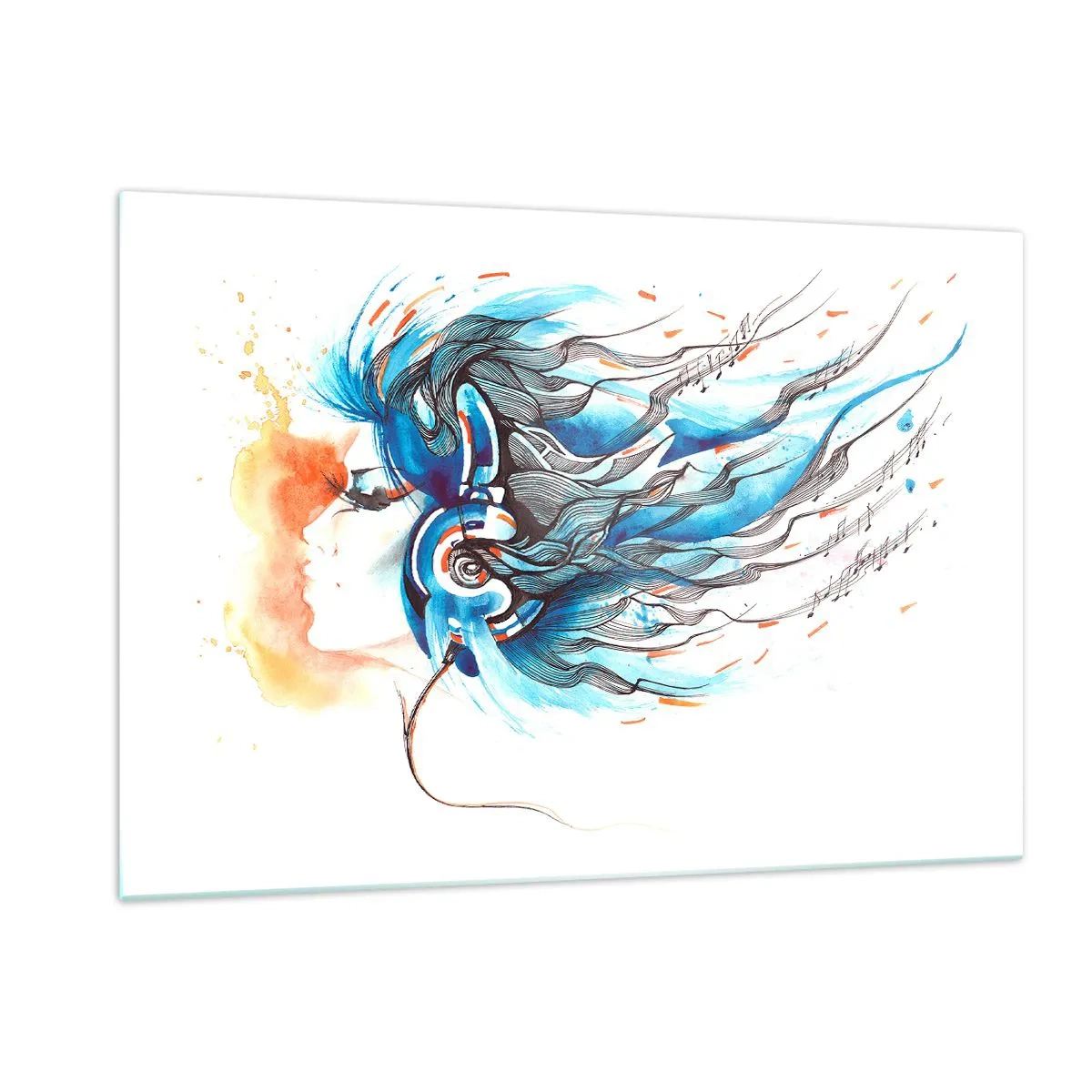Impression sur verre - Image sur verre - Une femme aux cheveux bleus et portant un casque, dans une expression musicale - 120x80cm - Que la musique joue - Décoration murale moderne pour le salon et la chambre ARTTOR