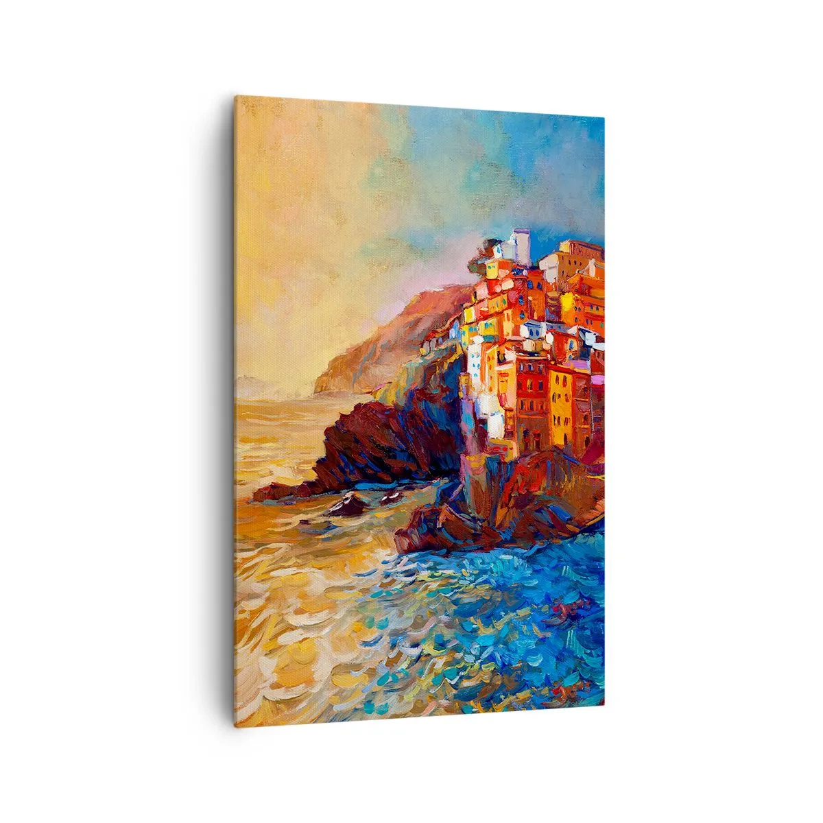 Impression sur toile - Image sur toile - Maisons colorées sur une falaise au-dessus de la mer - 80x120cm - Climats italien - Décoration murale moderne pour le salon et la chambre ARTTOR