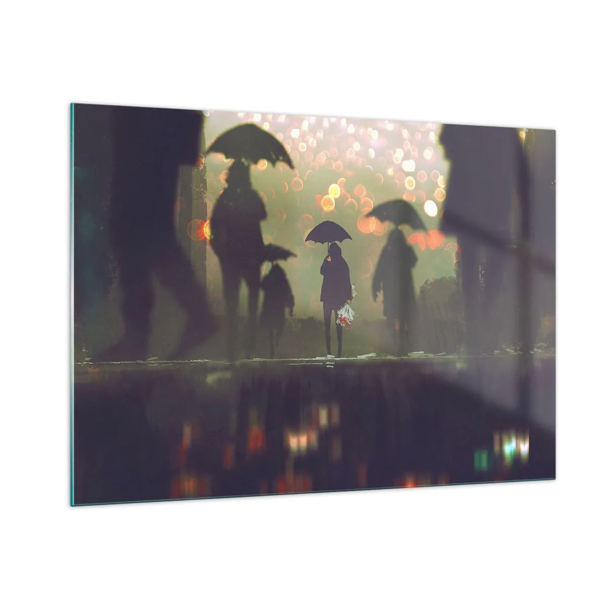 Impression sur verre - Image sur verre - Personnages avec parapluies sous la pluie sur fond de lumières de la ville - 100x70cm - Du point de vue d'une goutte de pluie - Décoration murale moderne pour le salon et la chambre ARTTOR