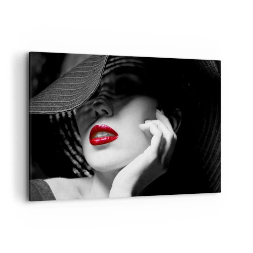 Impression sur toile - Image sur toile - Portrait noir et blanc d'une femme aux lèvres rouges - 120x80cm - Étude écarlate - Décoration murale moderne pour le salon et la chambre ARTTOR