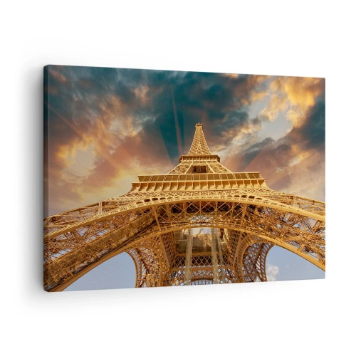 Impression sur toile - Image sur toile - La Tour Eiffel vue d'en bas sur fond de soleil couchant - 70x50cm - Comment l'humanité a atteint le ciel - Décoration murale moderne pour le salon et la chambre ARTTOR