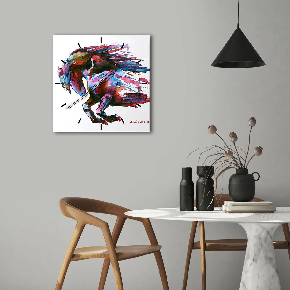 Horloge murale - Pendule murale - Un cheval aux couleurs abstraites dynamiques symbolisant la liberté - 30x30cm - Dans le ravissement - Décoration murale moderne pour le salon et la chambre ARTTOR