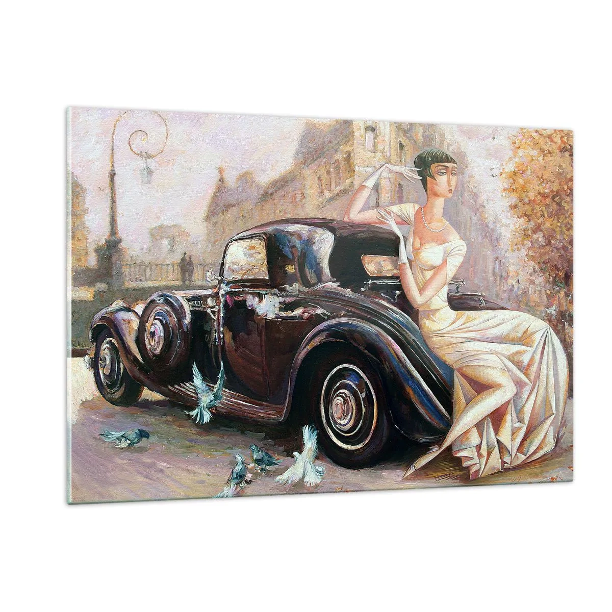 Impression sur verre - Image sur verre - Femme élégante à côté d'une voiture rétro dans un cadre urbain - 120x80cm - L'élégance dans un style rétro - Décoration murale moderne pour le salon et la chambre ARTTOR