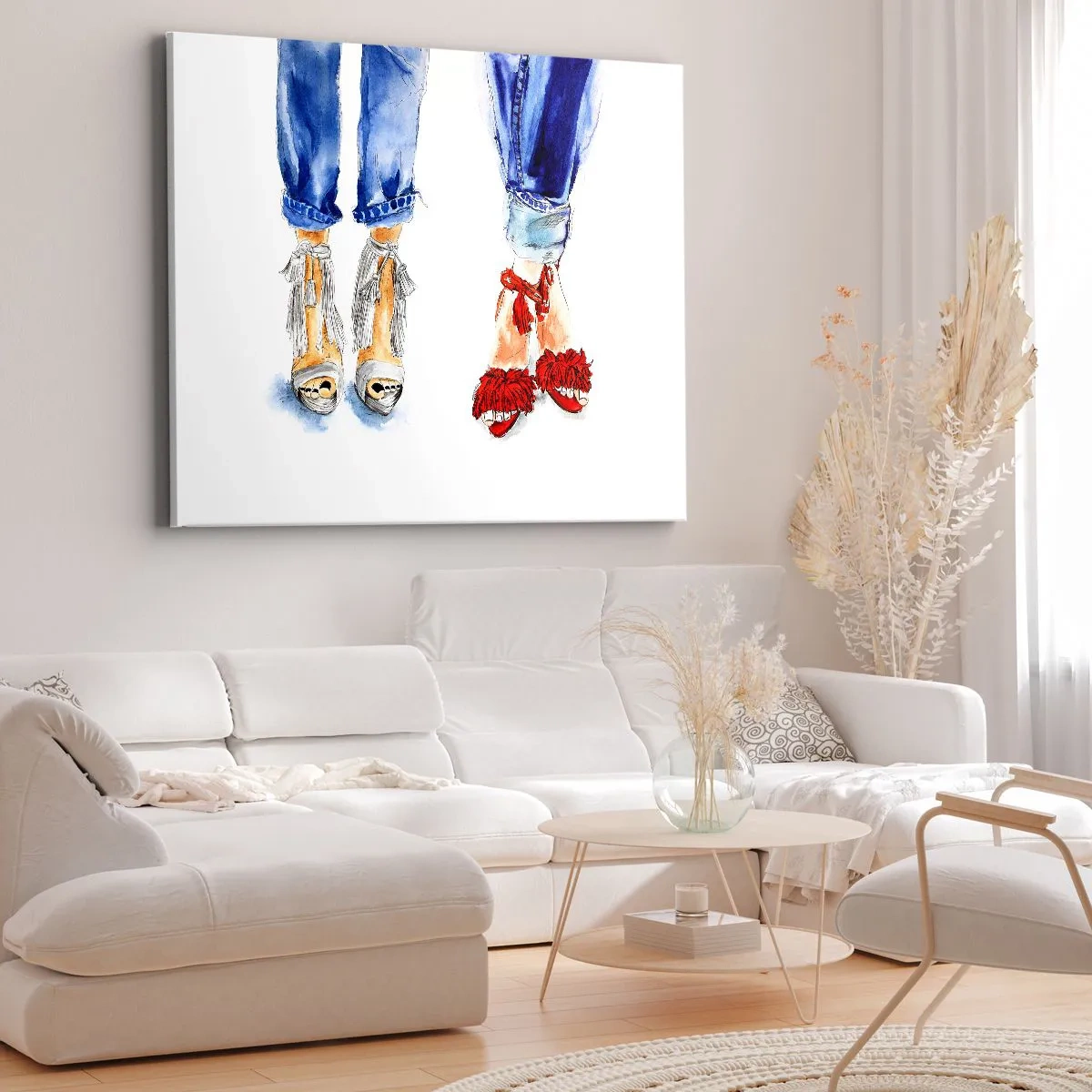Impression sur toile - Image sur toile - Illustration de deux paires de chaussures dans des sandales élégantes et un jean - 100x70cm - Peut-être irons-nous nous promener? - Décoration murale moderne pour le salon et la chambre ARTTOR