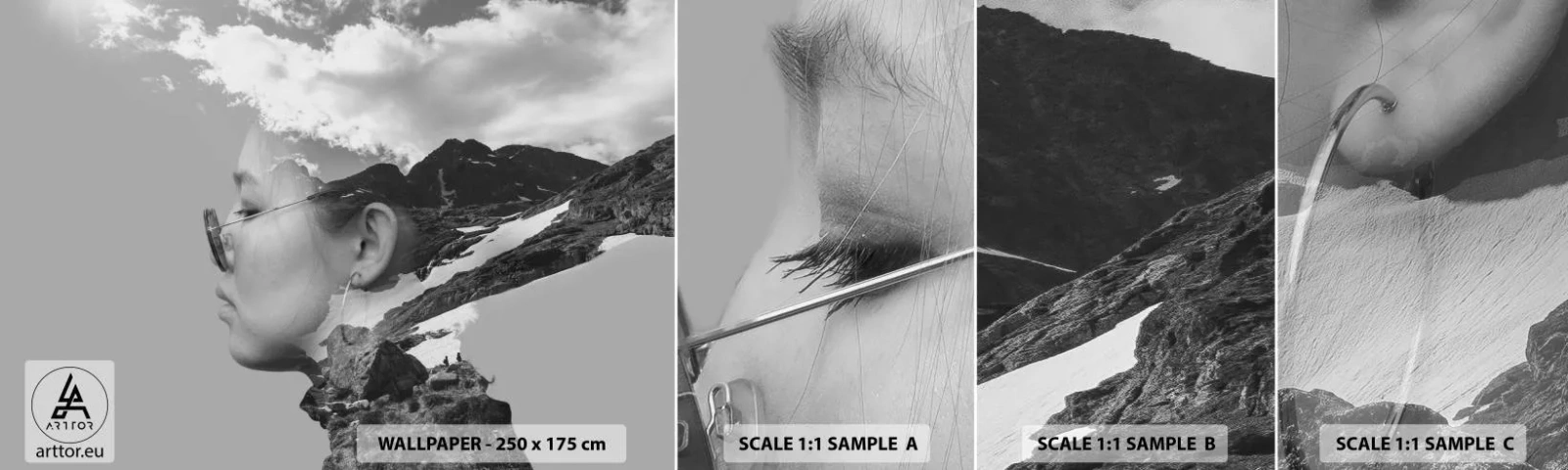 Échantillon De Papier Peint Standard Eco - Portrait de montagnes et nuages - Abstraction, Tête de femme, Fantaisie - 100x30 cm