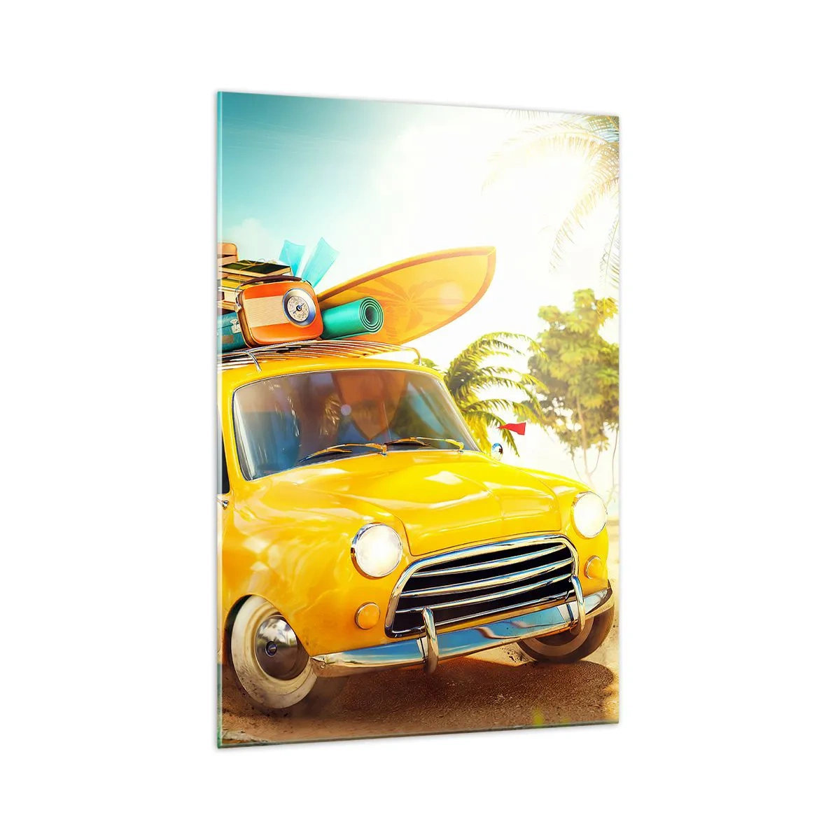 Impression sur verre - Image sur verre - Une voiture jaune avec des bagages dans un paysage tropical - 70x100cm - Un voyage pour plus d'un sourire - Décoration murale moderne pour le salon et la chambre ARTTOR
