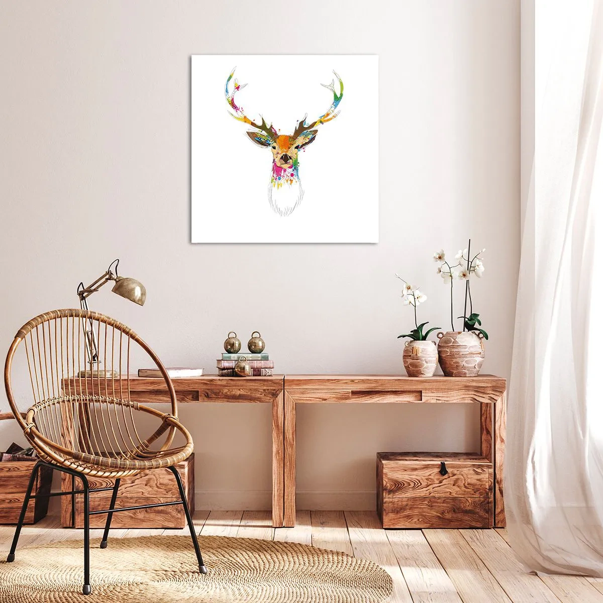 Impression sur toile - Image sur toile - Un cerf doux baigné de couleur - 70x70 cm