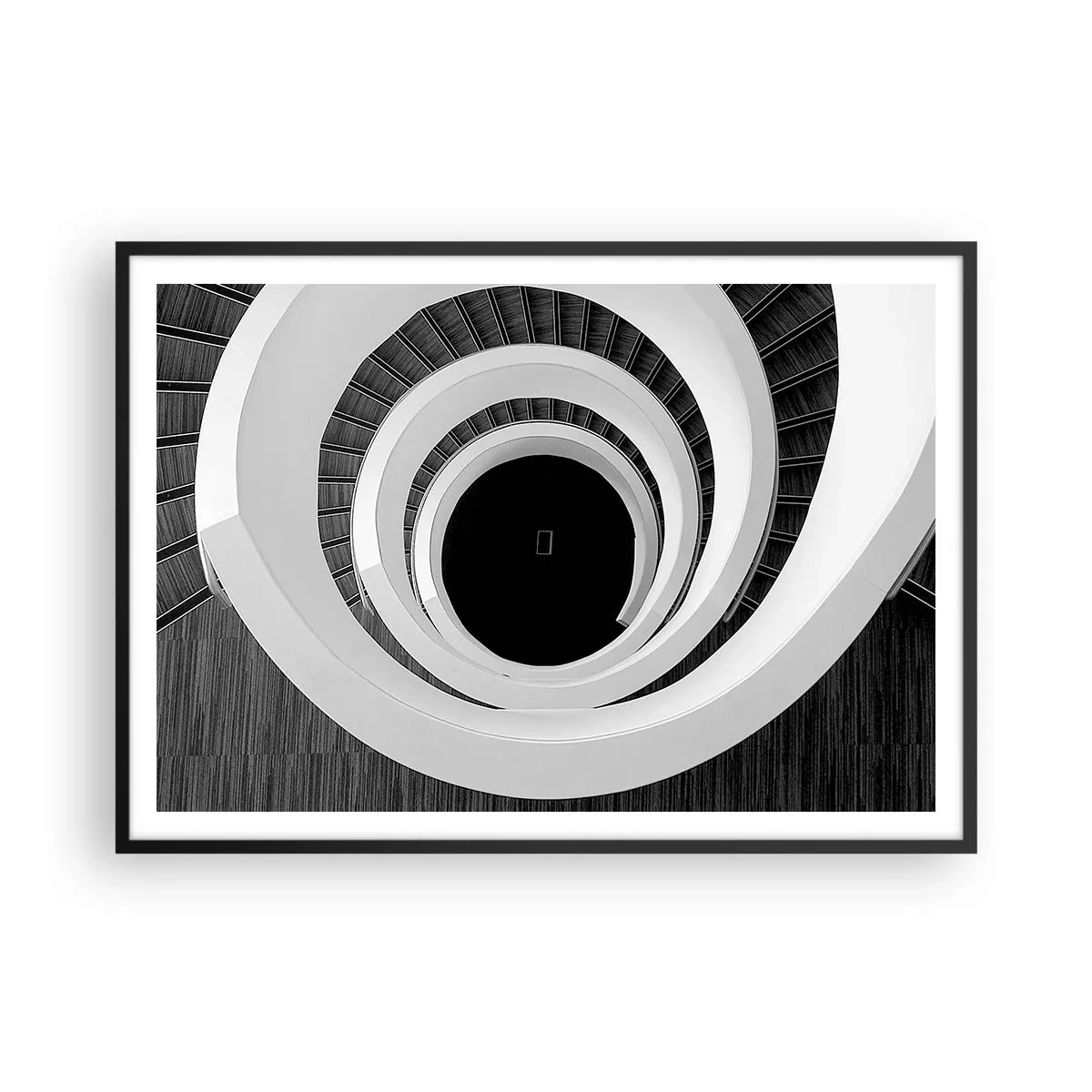 Affiche dans un cadre noir - Poster - Escalier en colimaçon noir et blanc de style moderne - 100x70cm - Les choses concrêtes - Décoration murale moderne pour le salon et la chambre ARTTOR