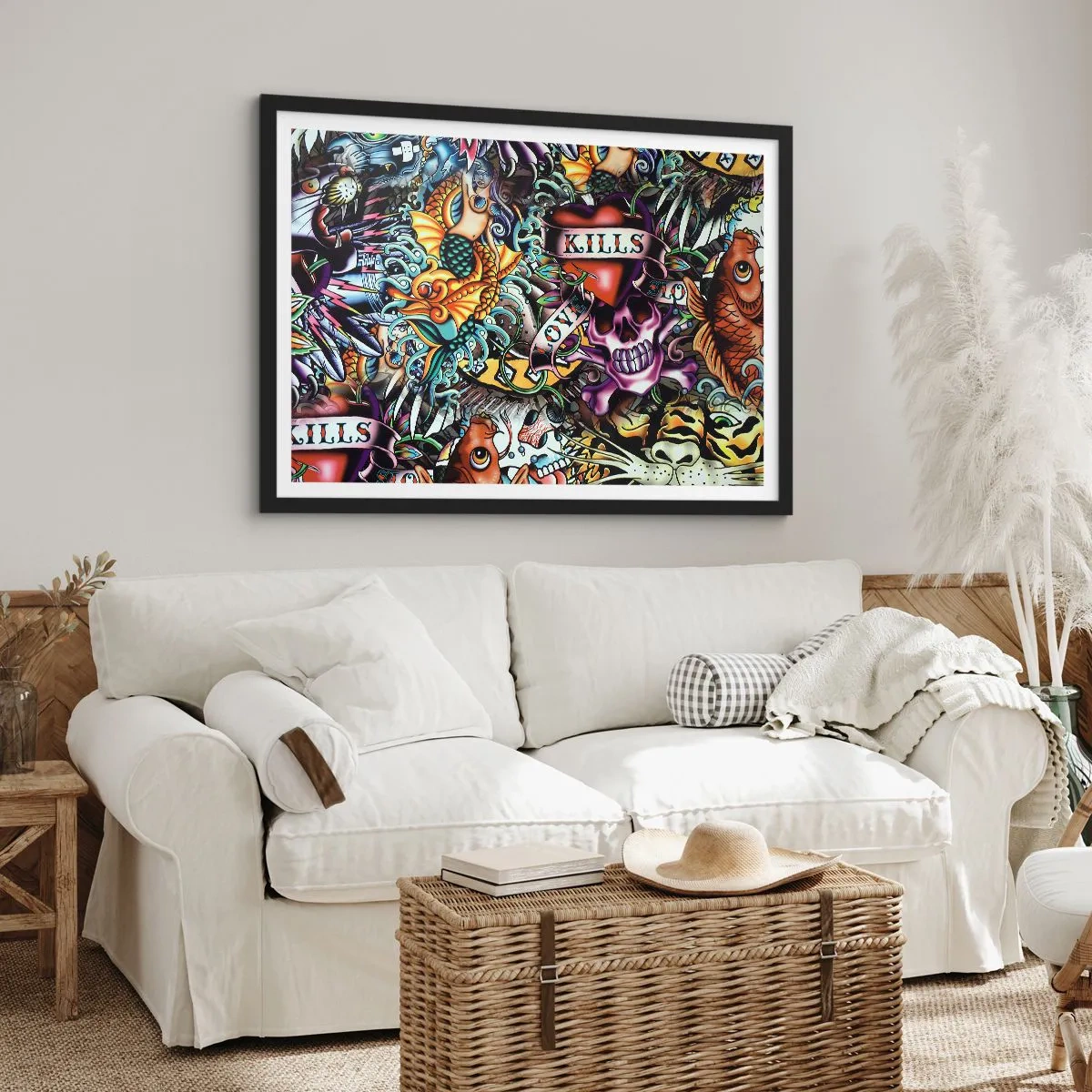 Affiche dans un cadre noir - Poster - Œuvre d'art colorée de style tatouage avec des crânes et des motifs nautiques - 100x70cm - Le rêve du tatoueur - Décoration murale moderne pour le salon et la chambre ARTTOR