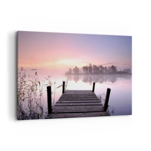 Impression sur toile - Image sur toile - Une jetée au bord du lac à l'aube avec du brouillard et un ciel pastel - 100x70cm - De la brume lilas… - Décoration murale moderne pour le salon et la chambre ARTTOR