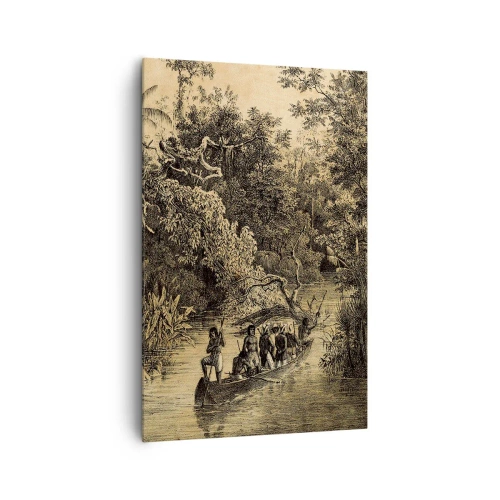 Impression sur toile - Image sur toile - Dessin d'une jungle avec un bateau sur une rivière - 80x120cm - Expédition à la source - Décoration murale moderne pour le salon et la chambre ARTTOR