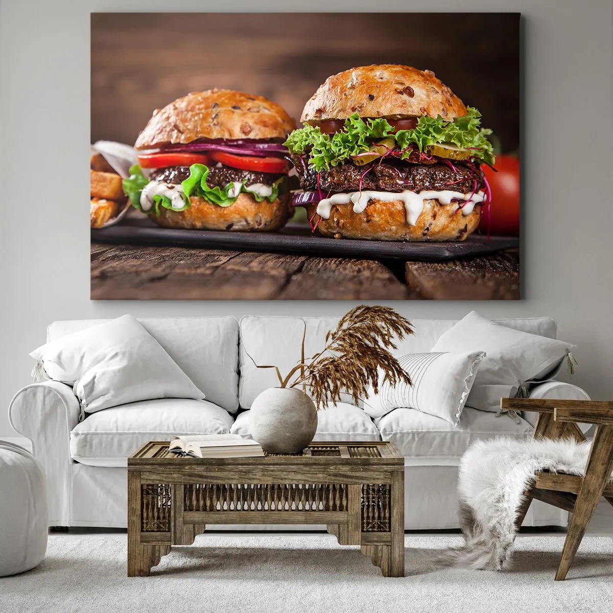 Impression sur toile - Image sur toile - Burgers appétissants avec légumes et sauce - 100x70cm - American dream - Décoration murale moderne pour le salon et la chambre ARTTOR