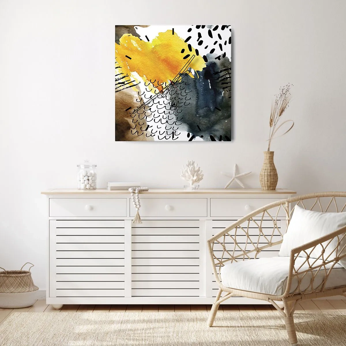 Horloge murale - Pendule murale - Une composition abstraite avec des accents jaunes et des motifs graphiques. - 30x30cm - Rencontre des éléments - Décoration murale moderne pour le salon et la chambre ARTTOR