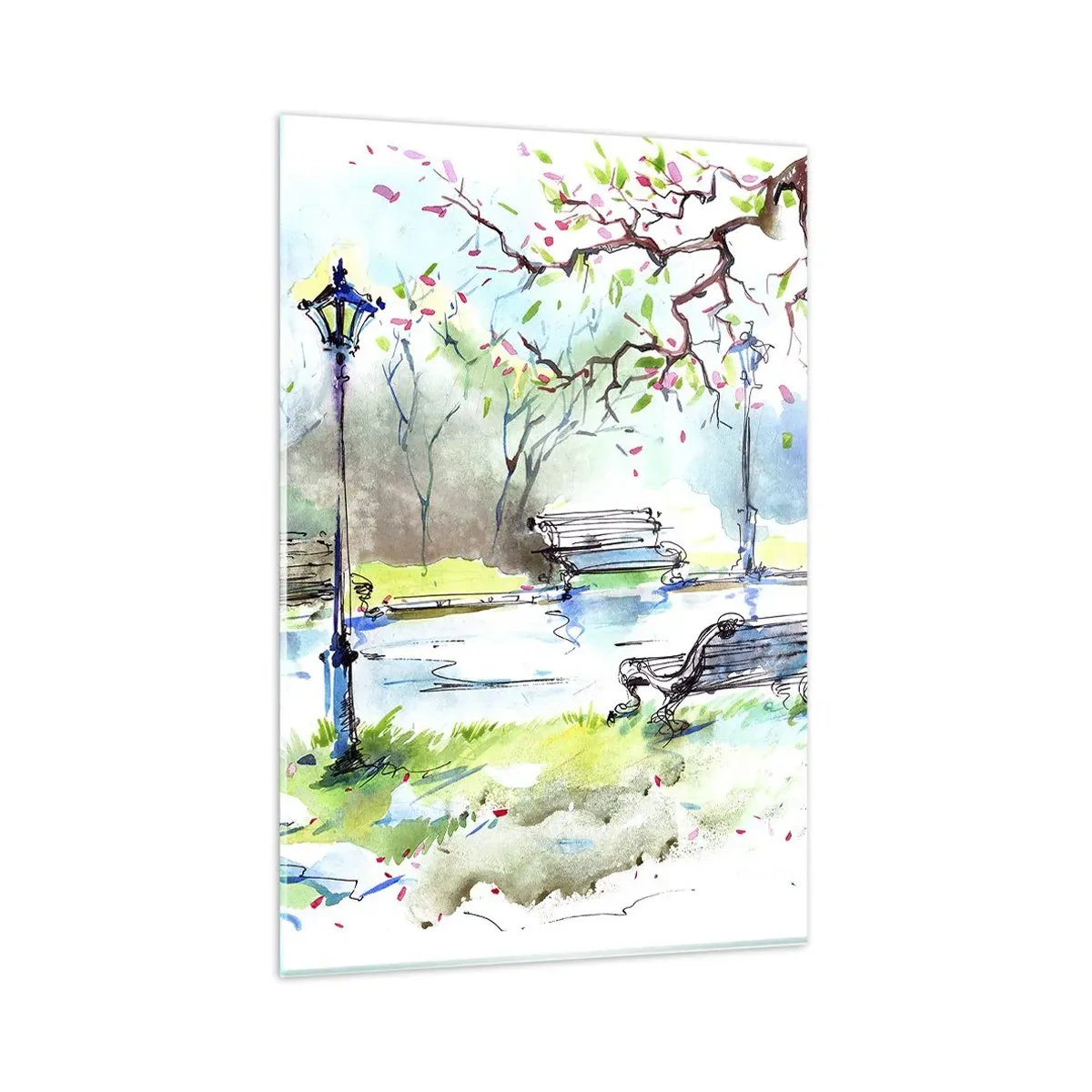 Impression sur verre - Image sur verre - Scène de parc à l'aquarelle avec bancs et lampes - 80x120cm - Le charme du silence d'un parc - Décoration murale moderne pour le salon et la chambre ARTTOR