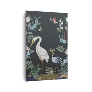 Impression sur toile - Image sur toile - Oiseaux et plantes peints sur un fond sombre avec un motif élégant - 80x120cm - Parade d'oiseaux - Décoration murale moderne pour le salon et la chambre ARTTOR
