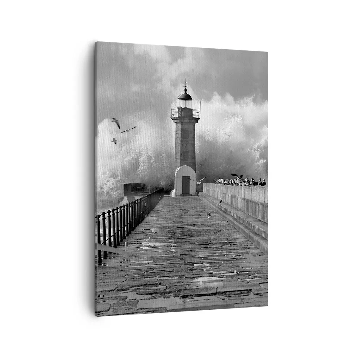 Impression sur toile - Image sur toile - Un phare entouré de vagues pendant une tempête - 50x70cm - Sans peur - Décoration murale moderne pour le salon et la chambre ARTTOR