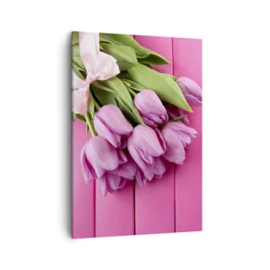 Impression sur toile - Image sur toile - Un bouquet de tulipes roses avec un nœud sur un fond rose - 50x70cm - Juste pour toi - Décoration murale moderne pour le salon et la chambre ARTTOR
