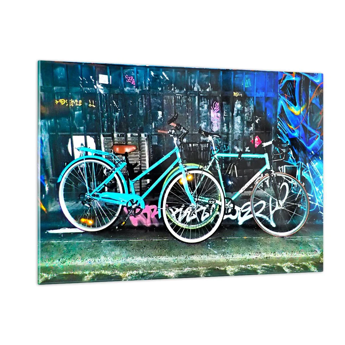 Impression sur verre - Image sur verre - Un vélo de ville sur fond de graffitis et d'ambiance néon - 120x80cm - L'appel de la ville - Décoration murale moderne pour le salon et la chambre ARTTOR