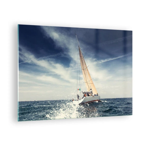 Impression sur verre - Image sur verre - Un yacht naviguant sur une mer agitée sous un ciel bleu - 70x50cm - Ils ne nous rattraperont pas ! - Décoration murale moderne pour le salon et la chambre ARTTOR