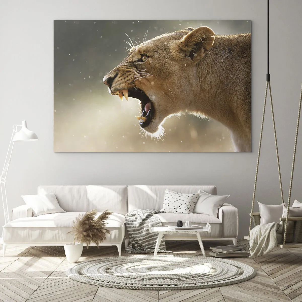 Impression sur verre - Image sur verre - Gros plan d'un lion rugissant sous les rayons du soleil - 120x80cm - Essayez de ne pas écouter - Décoration murale moderne pour le salon et la chambre ARTTOR