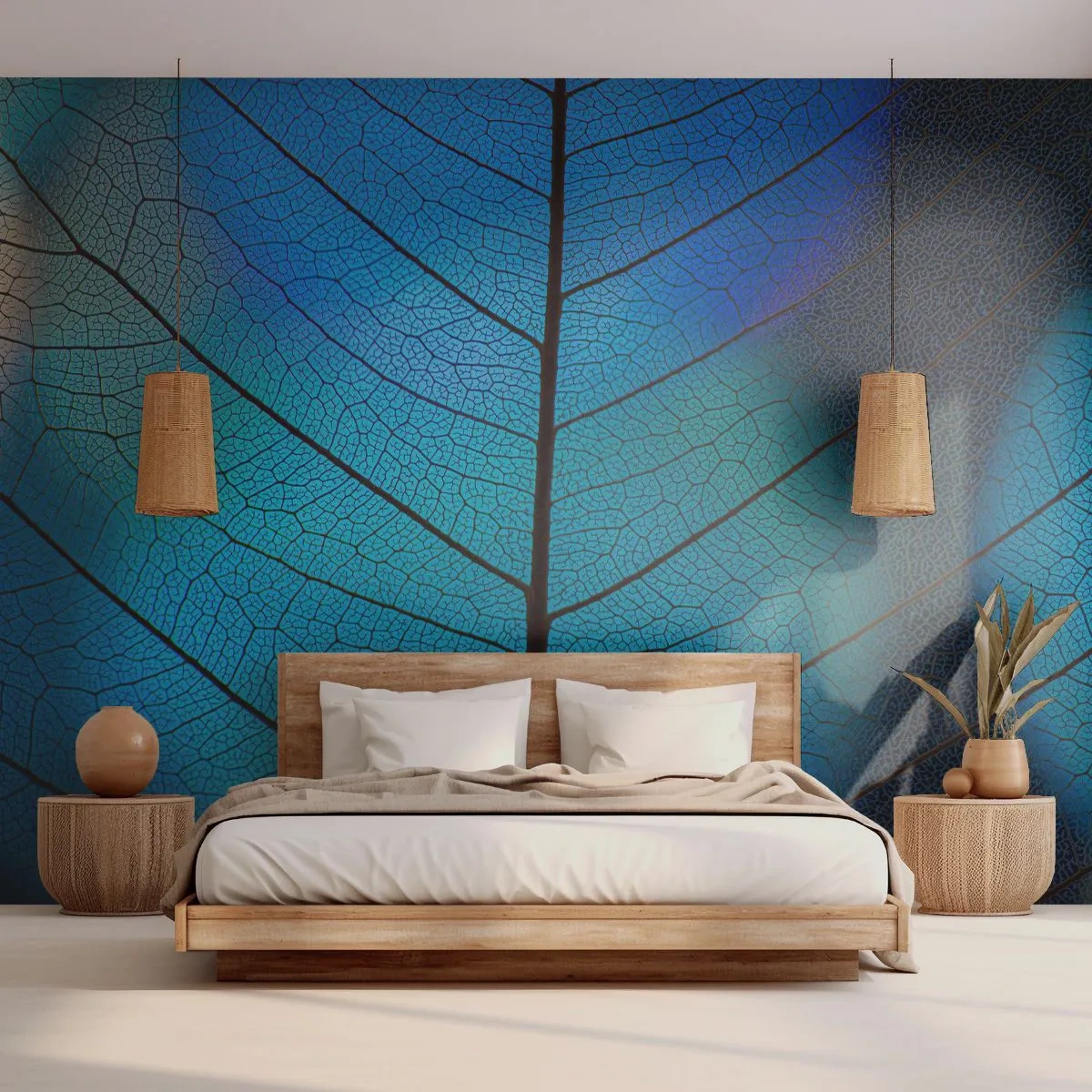 Papier Peint Photo Premium Sand - Structure des feuilles dans les tons de bleu et bleu marine - 100x70cm - Construction complexe - Décoration murale moderne pour le salon et la chambre ARTTOR