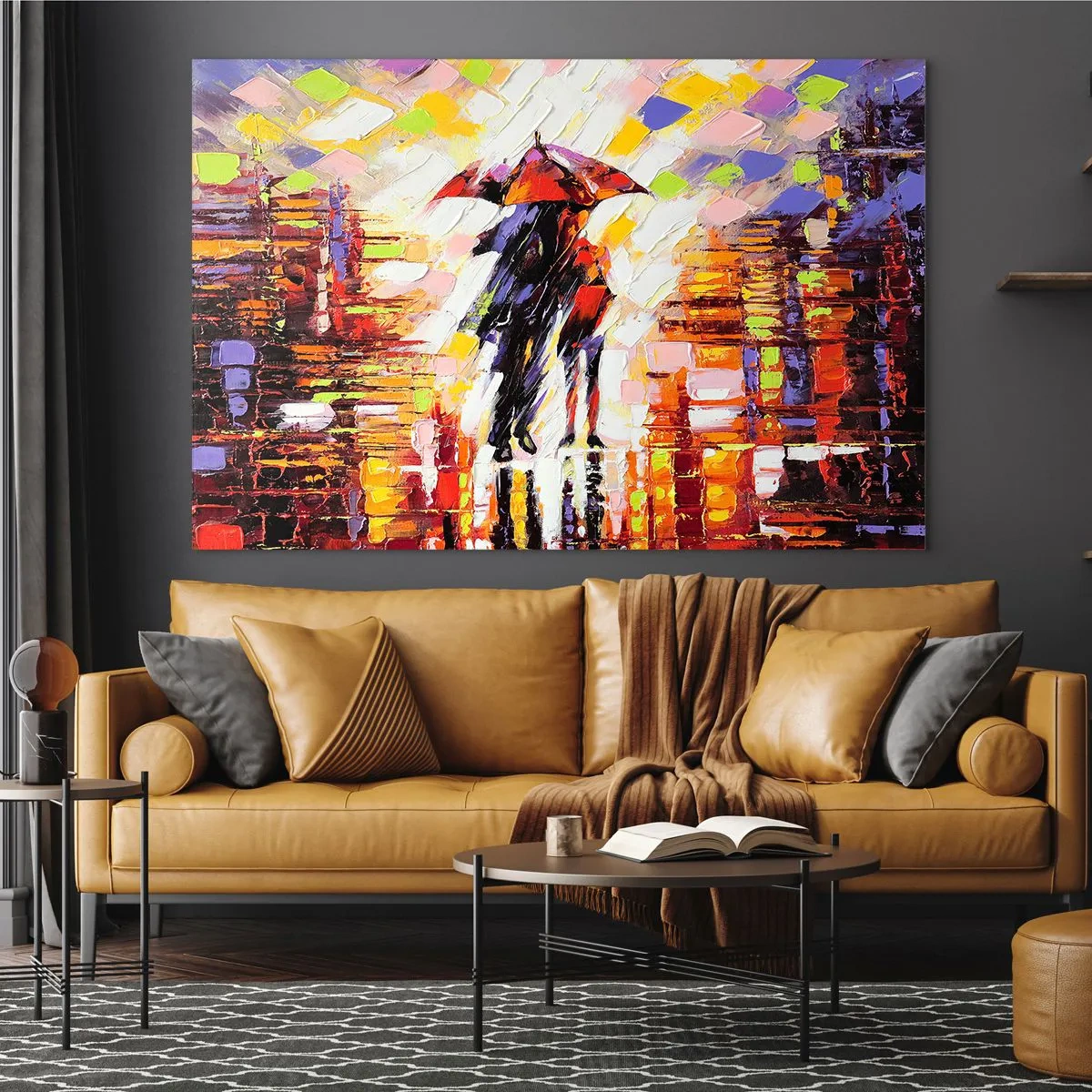 Impression sur verre - Image sur verre - Un couple sous un parapluie rouge dans une ville colorée - 120x80cm - Ensemble à travers la nuit et la pluie - Décoration murale moderne pour le salon et la chambre ARTTOR
