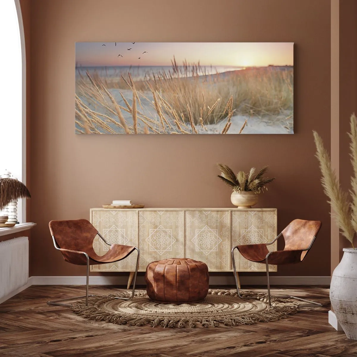 Impression sur toile - Image sur toile - Plage au coucher du soleil avec de hautes herbes - 140x50cm - Berceuse baltique - Décoration murale moderne pour le salon et la chambre ARTTOR