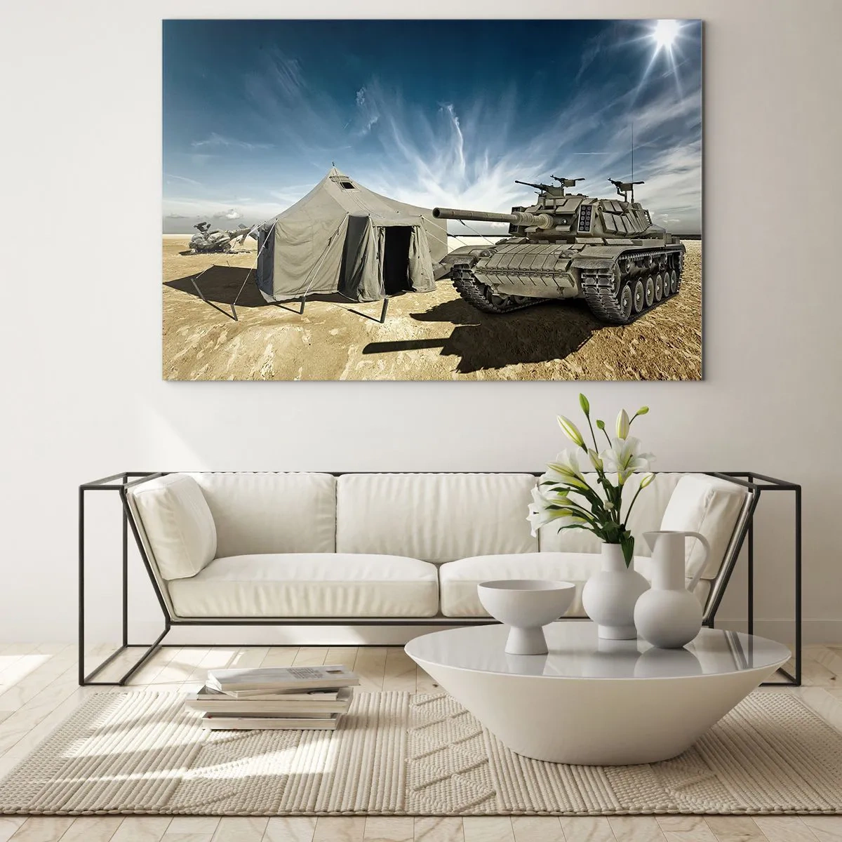 Impression sur verre - Image sur verre - Un char et une tente dans un désert sous un ciel bleu - 70x50cm - Un rêve militaire - Décoration murale moderne pour le salon et la chambre ARTTOR