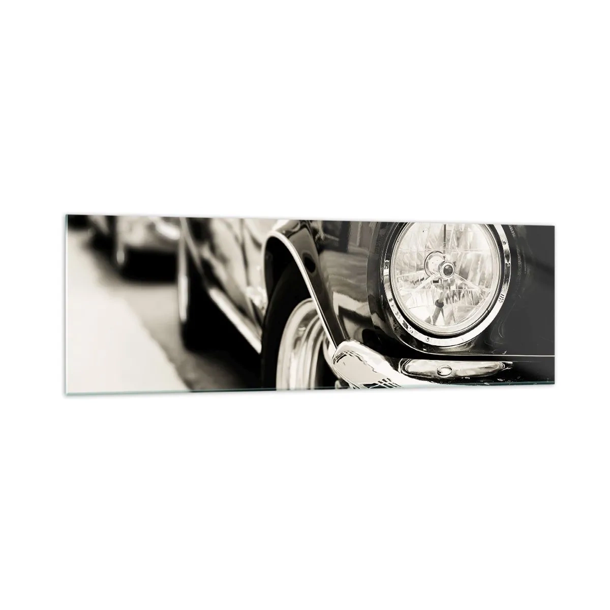 Impression sur verre - Image sur verre - Une voiture classique emblématique en noir et blanc élégant - 160x50cm - Brillance permanente - Décoration murale moderne pour le salon et la chambre ARTTOR