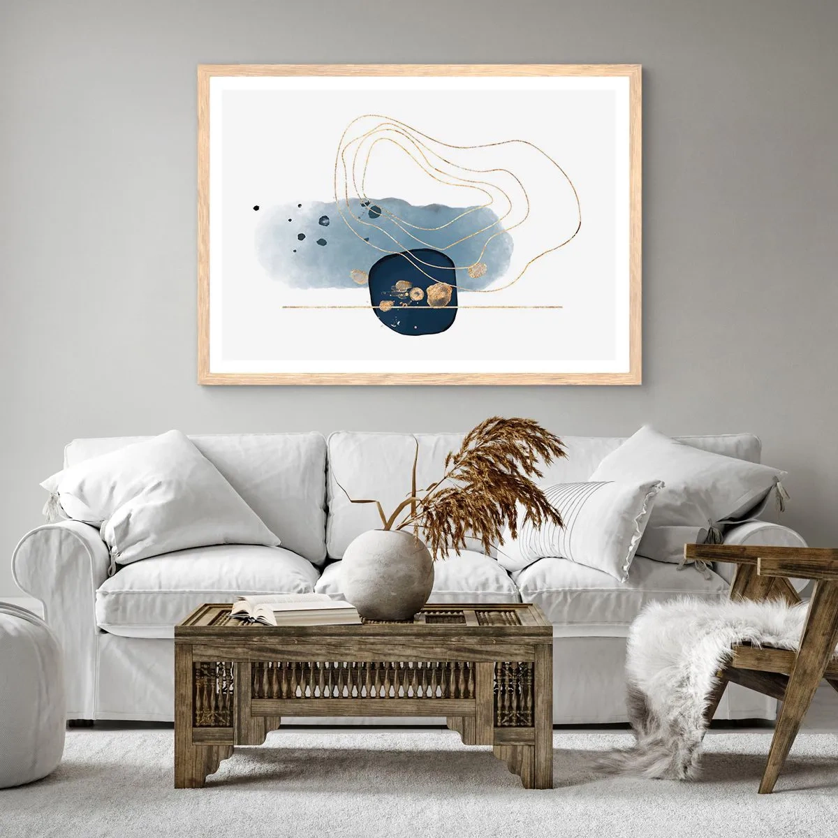 Affiche dans un chêne clair - Poster - Fantaisie bleu et or - 100x70 cm