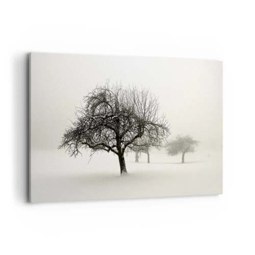 Impression sur toile - Image sur toile - Arbres dans un champ enneigé entouré de brouillard - 120x80cm - Un rêve hivernal - Décoration murale moderne pour le salon et la chambre ARTTOR