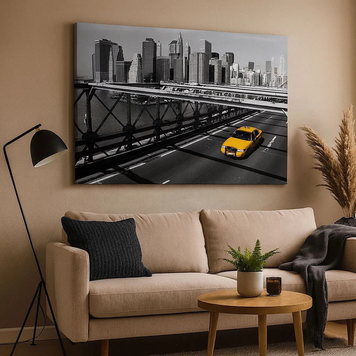 Impression sur toile - Image sur toile - Taxi jaune sur un pont avec vue sur les toits de New York - 70x50cm - Couleur de la grande ville - Décoration murale moderne pour le salon et la chambre ARTTOR
