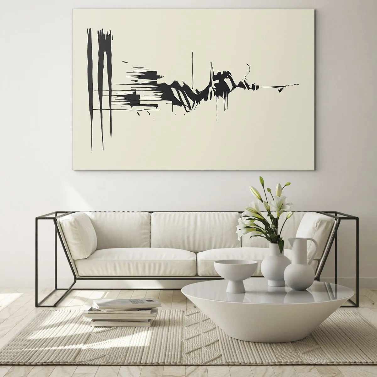 Impression sur verre - Image sur verre - Lignes et taches dynamiques noires sur fond clair dans un style abstrait. - 120x80cm - Abstraction hâtive - Décoration murale moderne pour le salon et la chambre ARTTOR