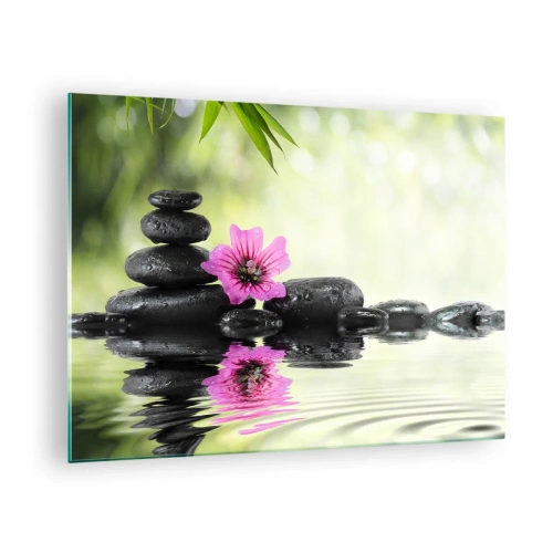 Impression sur verre - Image sur verre - Pierres noires et une fleur rose sur fond de nature - 70x50cm - Temps pour l'âme - Décoration murale moderne pour le salon et la chambre ARTTOR